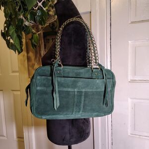 Forest Green Suede Leather Shoulder Purse W Chain Straps